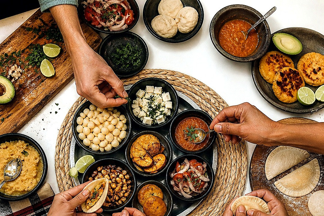 Several adults share a colorful communal meal at a restaurant table, photographed from directly overhead.