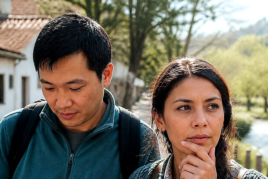 Two young adults outdoors, one consulting a folded brochure while the other looks thoughtfully into the distance.