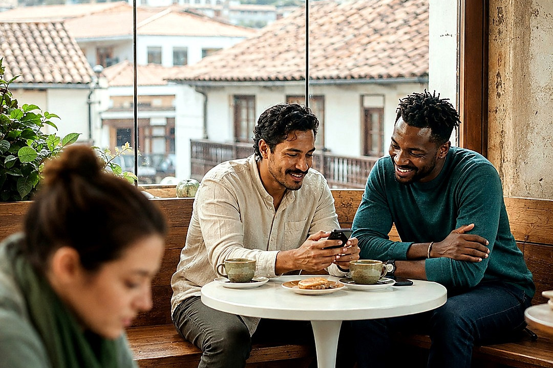 Three adults using phones in a bright shared workspace, with two men smiling together at a café table and a woman in the foreground.