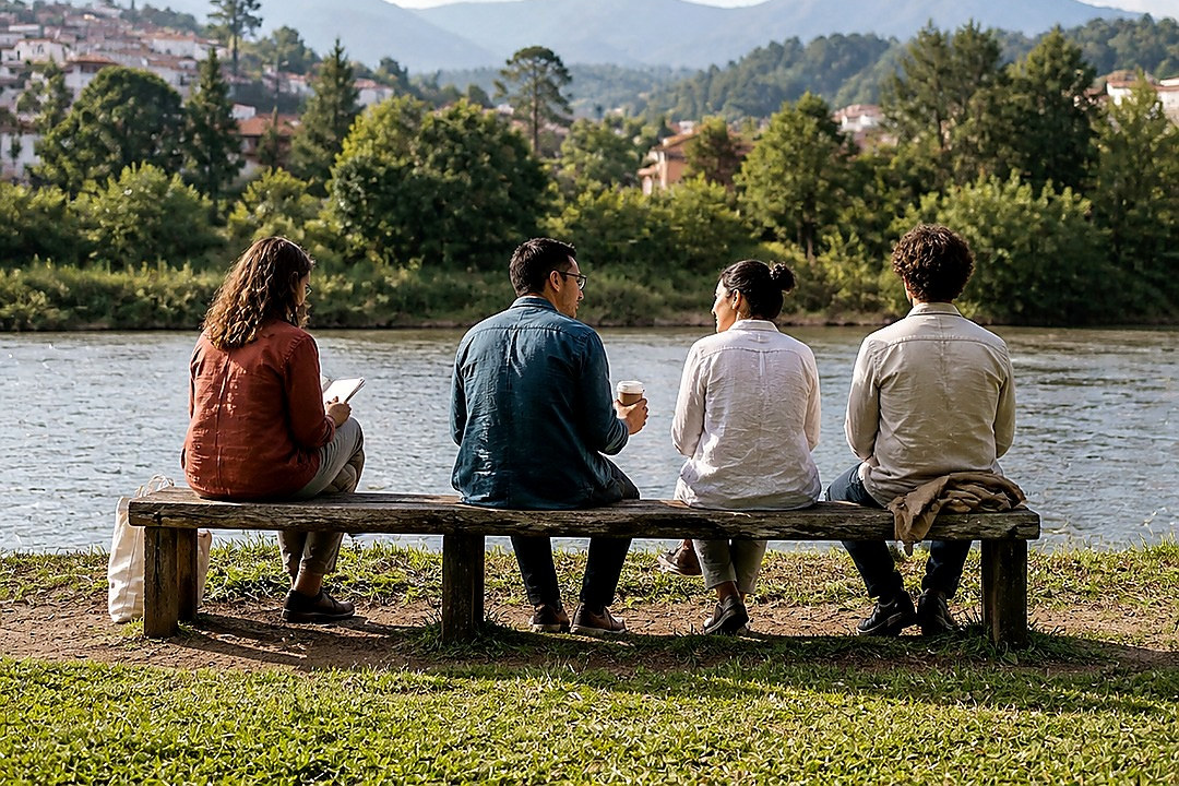 Four mature adults, including a wheelchair user, sit together facing the ocean.