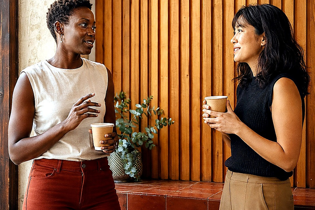Two adult women having an engaged conversation over hot drinks.