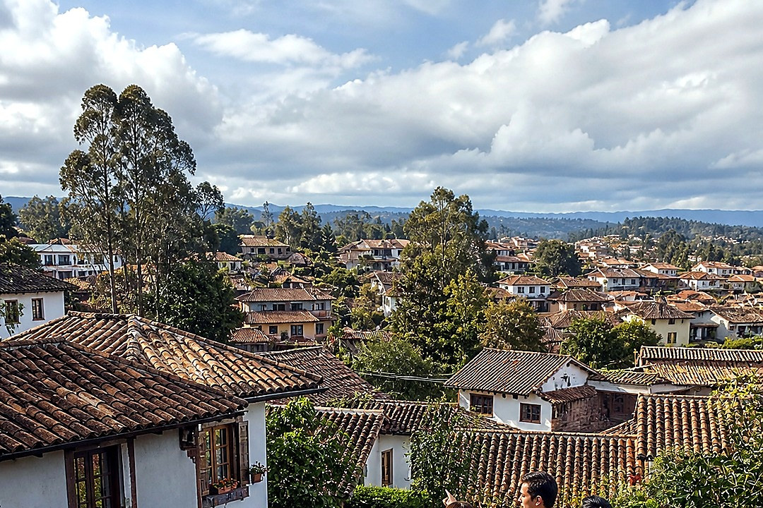 Leafy hillside neighborhood with traditional tiled roofs beneath dramatic clouds.