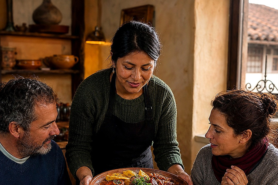 Mature adults sharing a relaxed meal indoors while one woman serves a platter of food.