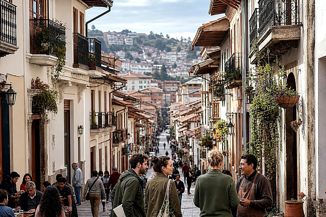 Busy pedestrian street lined with narrow historic buildings, cafés, shops, and outdoor seating.