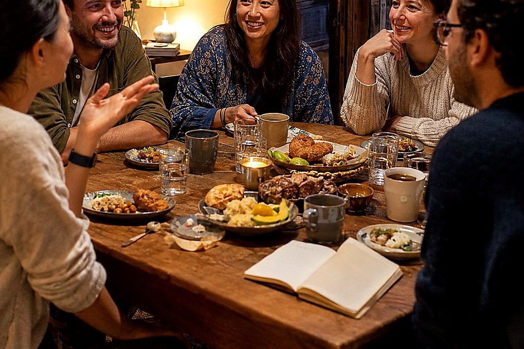 Five adults sharing a candlelit dinner and lively conversation around a dining table.